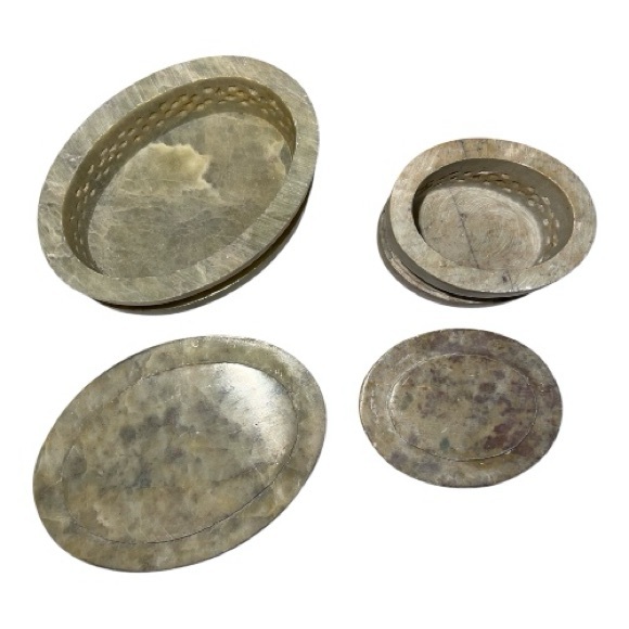 Floral Inlay Decorative Hand Carved Soapstone Trinket Boxes Set of Two - Picture 2 of 5